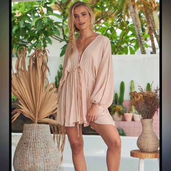 Free People Dress Women Small Arzel Mini Cream Pink Kimono Boho Dolman S - Picture 1 of 11